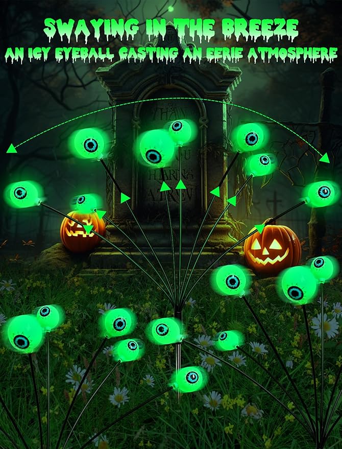 KerKoor Solar Halloween Lights Outdoor Decorations - 4 Pack 32 LED Solar Eyeball Lights LED Scary Eyeballs Halloween Light for Yard, Outside, Pathway, Walkway, Landscape, Garden, Party Decor (Green)