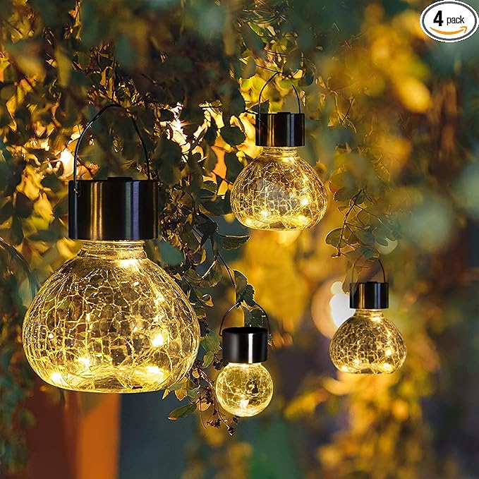 GIGALUMI Hanging Solar Lantern, 4 Pack Outdoor Christmas Decorations, Hanging Solar Lights Outdoor Waterproof, Garden Decor for Lawn, Garden, Yard, Tree Warm White