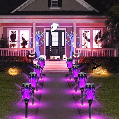 Solar Lights Outdoor, Upgraded 10 Pack Purple Solar Torch Lights Outdoor Flickering Flame for Garden Decor, Waterproof Outdoor Lights Solar Powered, Tiki Torches for Outside Yard Pathway Decor