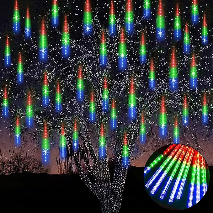 Meteor Shower Rain Lights 12 in 10 Tubes Drop Icicle Snow Falling Raindrop Cascading Light for Wedding Party Christmas Light Outdoor, Shine Colorful