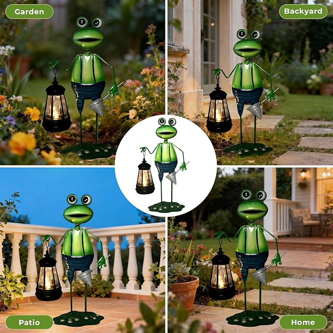 Solar Garden Lights Frog Statue with Solar Lantern Lights,18.11in Tall Frog Decor Birthday Gifts for Women Mom Grandma,Big Metal Decorative Stakes for Home Decor,Patio,Porch