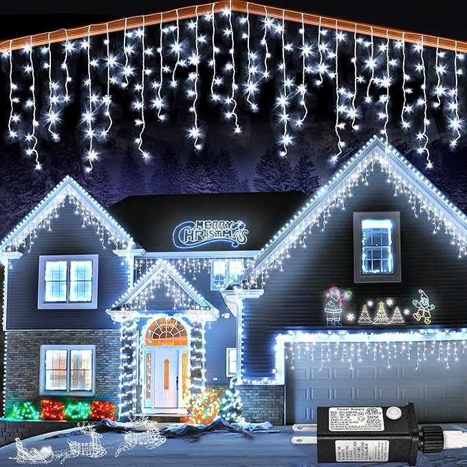 132ft Icicle Lights for Outside, 1280 LED White Christmas Lights Outdoor with 240 Twinkle Drops, 8 Modes Plug in | Lumora