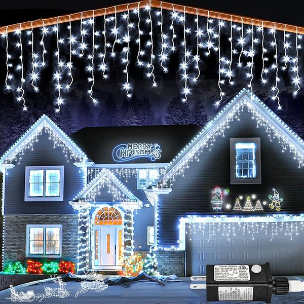 132ft Icicle Lights for Outside, 1280 LED White Christmas Lights Outdoor with 240 Twinkle Drops, 8 Modes Plug in | Lumora