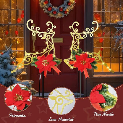 2-Pack Christmas Solar Pathway Lights Outdoor Waterproof, Xmas Metal Reindeer Garden Stake Lights with Poinsettia Decorations for Yard Lawn Walkway Porch Holiday Decor