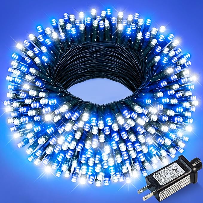Blue and White Christmas Lights Outdoor, 100FT 300 LED Christmas Tree Lights with 8 Modes Waterproof, Connectable Green Wire String Twinkle Lights for Indoor Patio Garden Xmas Party Decorations