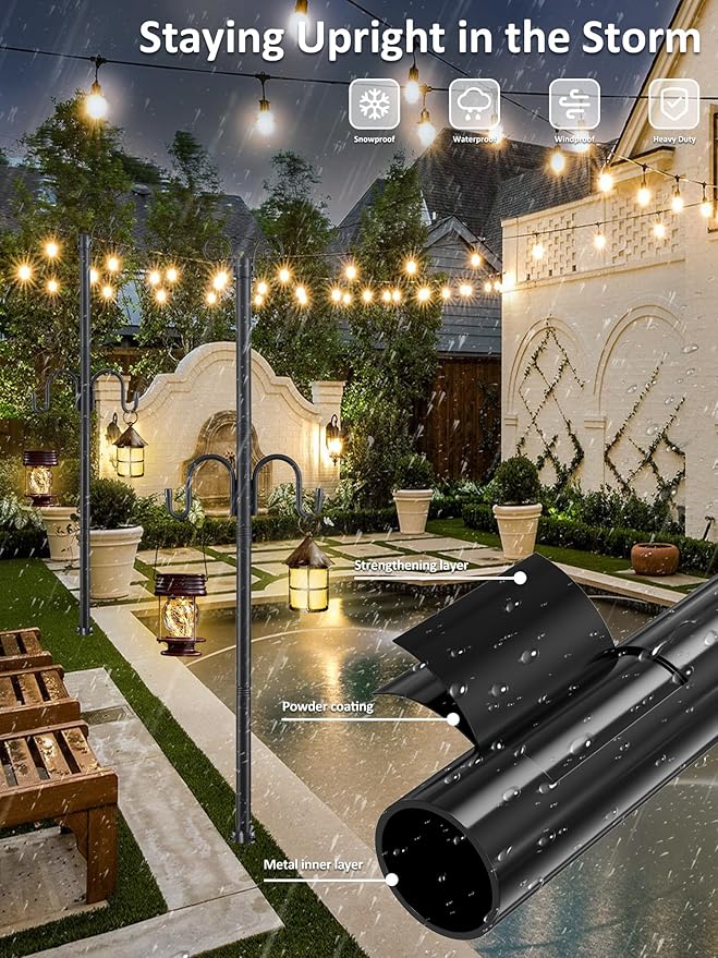 1.5 Inch Heavy Duty String Light Poles with 16.9” Spiral Ground Anchor - for Patio, Deck & Holiday Lighting, 8.5FT | Lumora