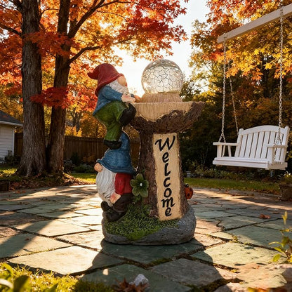 Solar Powered Garden Gnome Welcome Sign with LED Cracked Glass Ball, Outdoor Statue Decor for Patio Yard Lawn Walkway, for Mom Grandma (Red)