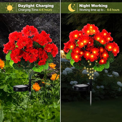 2 Pcs Solar Geraniums Lights Outdoor Waterproof for Garden Spring Decor Light with 10 Solar Geraniums Light for Outside Stake Decorative Auto On/Off for Garden Yard Backyard Patio