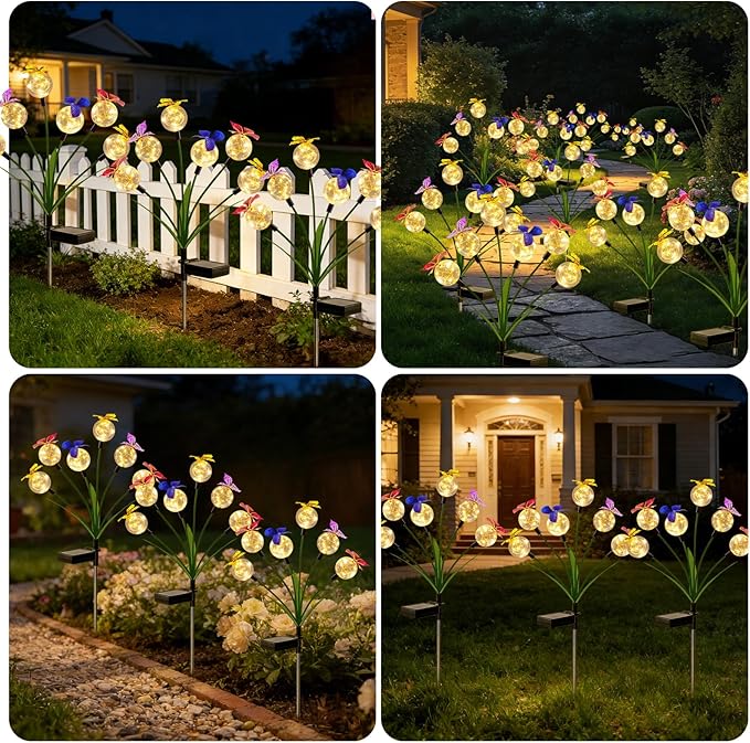 2 Pack Solar Outdoor Decorative Lights, Garden Lights Solar Powered with 12 Led Globe Lights and Butterflies, Gifts for Women Grandma, Solar Decorations for Garden Yard Lawn Ornaments (Butter Warm)