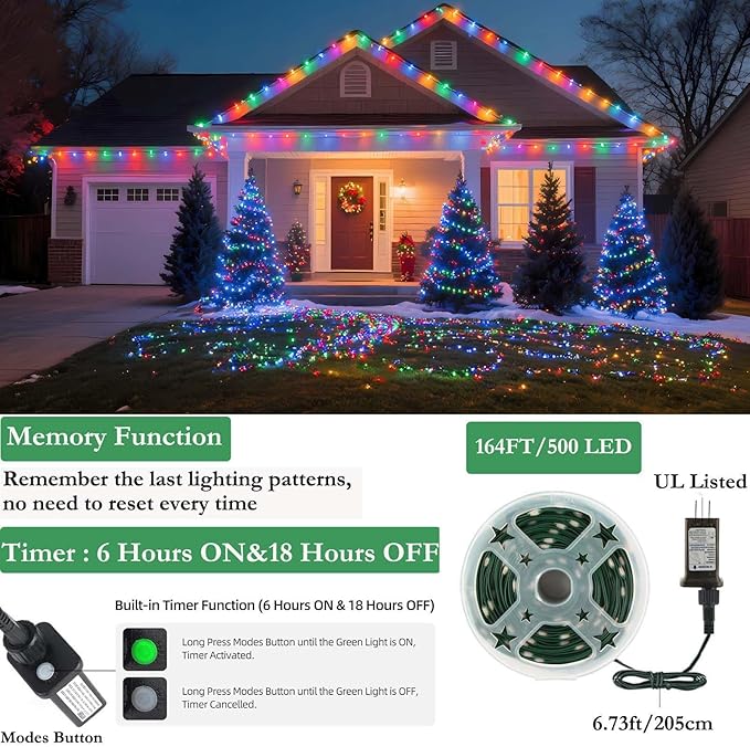 Tcamp 164FT 500 LED Christmas Lights Outdoor, 8 Modes Christmas Tree Lights with Timer Memory Function, Green Wire Fairy String Light for Xmas Holiday Party Bedroom Indoor Decor (Colored)