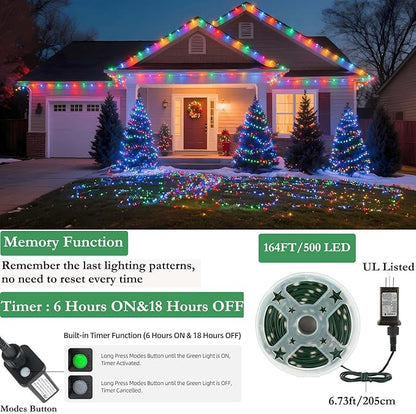 Tcamp 164FT 500 LED Christmas Lights Outdoor, 8 Modes Christmas Tree Lights with Timer Memory Function, Green Wire Fairy String Light for Xmas Holiday Party Bedroom Indoor Decor (Colored)