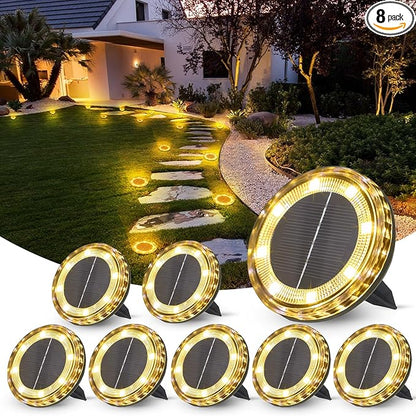8 Pack Solar Ground Lights Outdoor, 8 LED Solar Disk Lights, IP65 Waterproof Long Lasting Flat Light for Garden Pathway Walkway Yard (Warm White)
