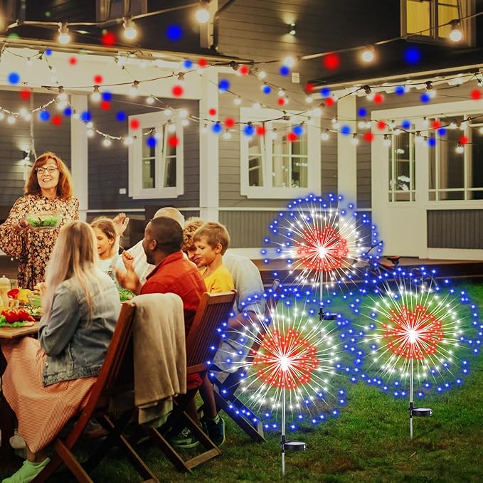 4th of July Decorations Outdoor 4 Pack Colored Solar Firework Lights with 180 LED Patriotic Solar Lights 8 Lighting Modes for Yard Pathway Garden Patio Party Decorations(Red, White, Blue)
