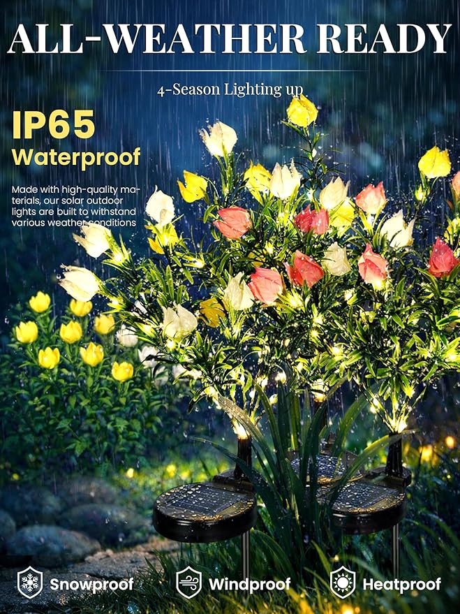 GIGALUMI Solar Garden Lights with Gardenias, LED Garden Decor Carefree Solar Flowers Outdoor Waterproof, Yard Decorations Outdoor, Allergy-Free, Everlasting Light up Flowers for Yard Patio (Set of 4)