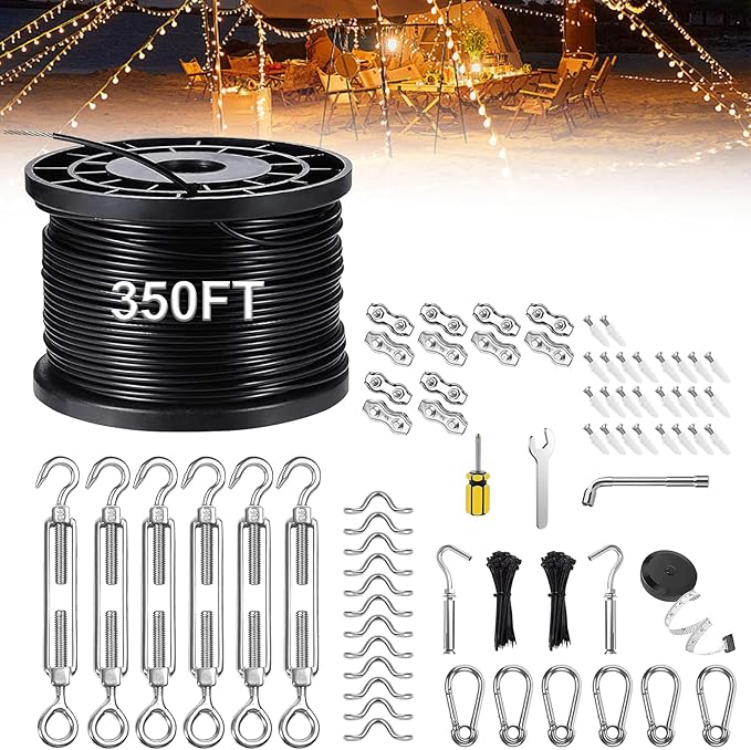 Upgraded Outdoor String Light Hanging Kit, 350ft Globe String Light Suspension Kit w/Expansion Hook, Stainless | Lumora