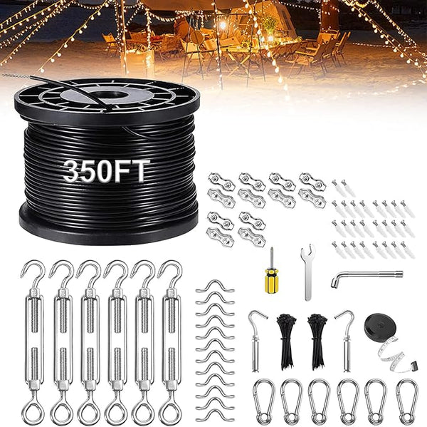 Upgraded Outdoor String Light Hanging Kit, 350ft Globe String Light Suspension Kit w/Expansion Hook, Stainless | Lumora