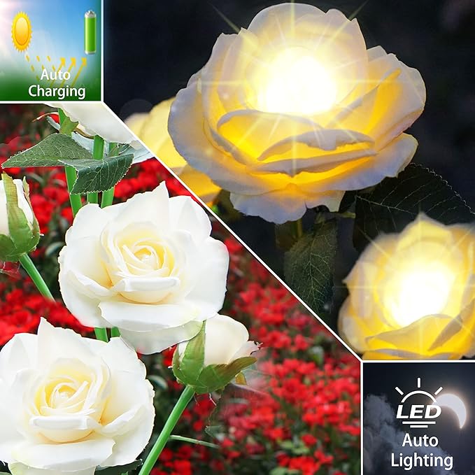 Solar Flowers Lights Outdoor Garden Waterproof [Updated] 2 Pack 10 White Roses Decortive Lights for Garden Patio Yard Grave Decorations for Cemetery