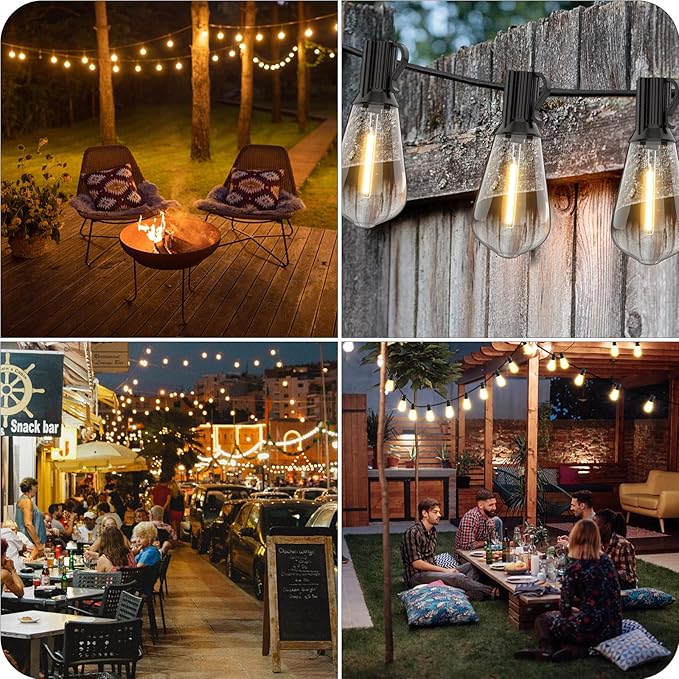 Outdoor String Lights 100ft ST38 Patio Lights with Waterproof Shatterproof 50(+2) LED Bulbs,Outside Hanging Vintage Edison Lights for Porch, Deck, Garden, Backyard, Balcony, 2700K Dimmable