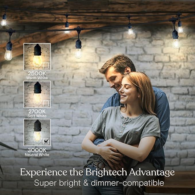 Brightech Bundle: Waterproof LED Outdoor String Lights Hanging, Dimmable 2W Vintage Edison Bulbs - 48 Ft + String | Lumora
