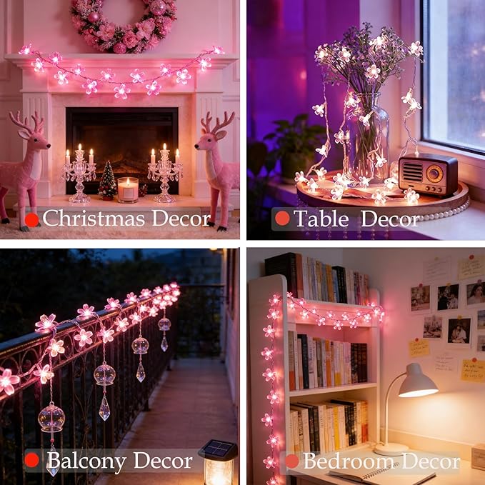 33ft 100 LED Connectable Fairy Pink Flower String Lights 8 Modes for Valentine's Day Wedding Party Christms Decor, Light Up Romantic Bedroom Window Tree Home Indoor Outdoor Hanging Decorations