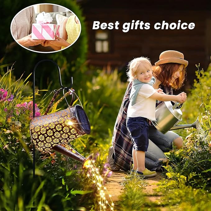 2 Pack Solar Watering Can Lights with Shepherd Hook, 8 Multi-Color Changing Modes, IP65 Waterproof, 60pcs String | Lumora