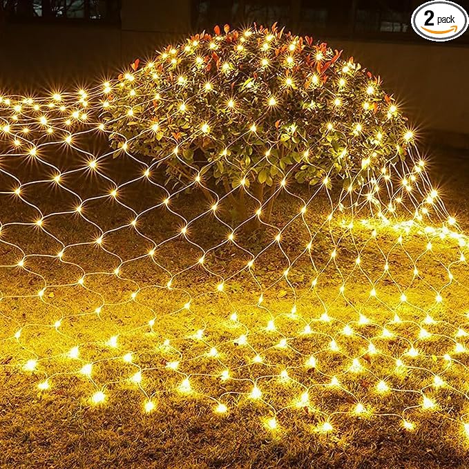 2 PACK Battery Operated Net String Lights 4.9x3.9Ft 100LED-Light 8 Modes Mesh Waterproof Wide Angle LED Curtain Lights for Christmas Xmas Garden Yard Party Wedding and Holiday Decor( Warm White)
