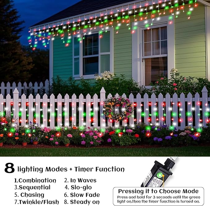 66ft Icicle Lights for Outside, Red White and Green Christmas Lights Outdoor Indoor, 640 LED Twinkle String Light | Lumora