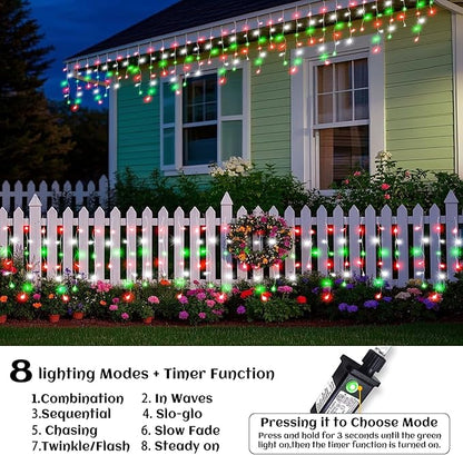 66ft Icicle Lights for Outside, Red White and Green Christmas Lights Outdoor Indoor, 640 LED Twinkle String Light with 120 Drops, Clear Wire Connectable Timer for Thanksgiving Room Home Wall Bedroom