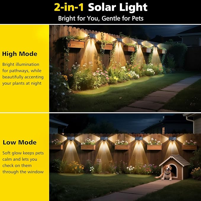 T-SUN Solar Fence Lights, 6 Pack Fence Lights Solar Powered 3000K Warm White, IP65 Waterproof Solar Wall Light Outdoor for Yard Step Patio Railing Pool Porch