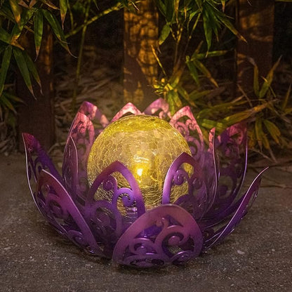 Bshine Solar Outdoor Garden Lotus Decorative Light, Waterproof Metal Cracked Glass Globe LED Lotus Light for Tabletop Decor, Walkway, Lawn Ornaments and Garden, Housewarming Gift (Purple)