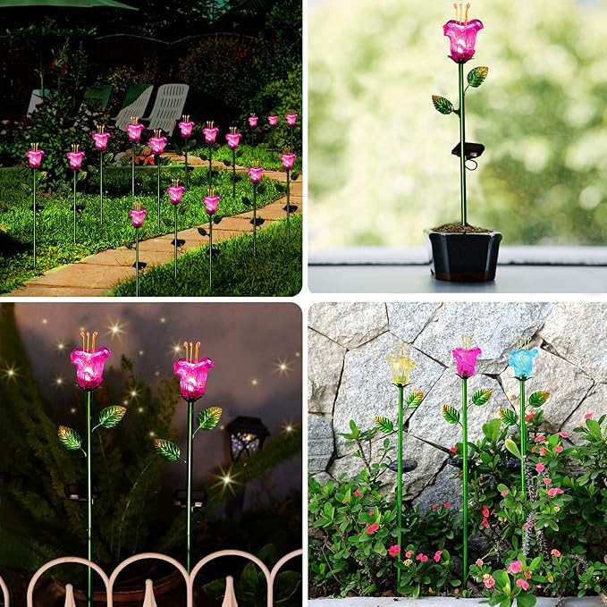 Outdoor Decorative Flowers 2 Pack, Waterproof Pink Glass Lily Flower Lights, Auto ON/Off Solar Decorative Lights for Garden, Patio, Backyard