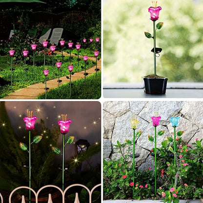 Outdoor Decorative Flowers 2 Pack, Waterproof Pink Glass Lily Flower Lights, Auto ON/Off Solar Decorative Lights for Garden, Patio, Backyard