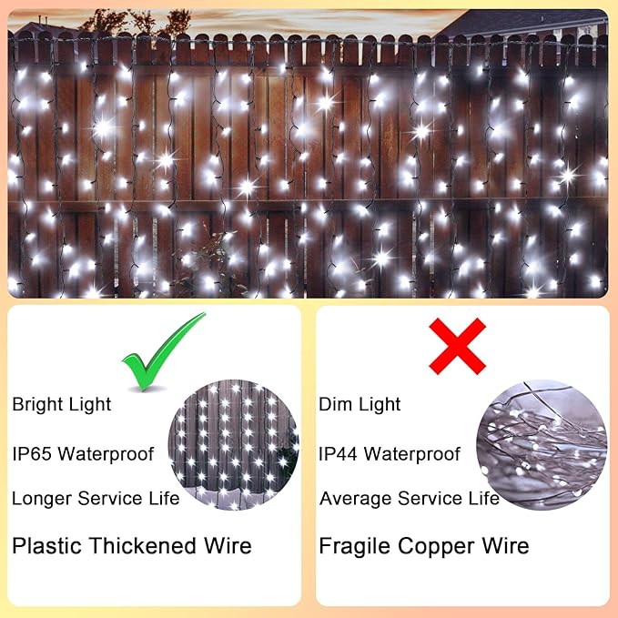 DBFAIRY Solar Curtain Lights,19.6ft x 3.3ft 300 LED Outdoor Christmas Solar Curtain Lights Waterproof Green Wire with 8 Mode for Garden Handrail Railing Eaves Wall Decoration -Cool White