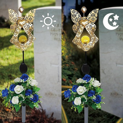 Memorial Solar Lights for Grave with Flowers Decorations Eternal Lighted Angels for Outdoor Cemetery Angel Garden Stake Memorial Gifts for Gravesite