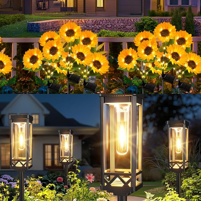 KOOPER 3 Pack Solar Sunflower Lights+ 8 Paack Solar Pathway Lights Outdoor