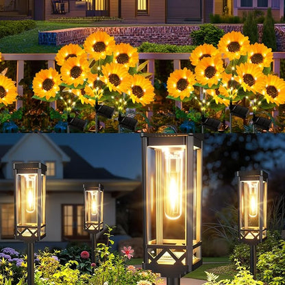 KOOPER 3 Pack Solar Sunflower Lights+ 8 Paack Solar Pathway Lights Outdoor