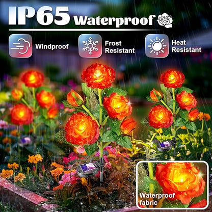 Anordsem Solar Garden Lights Outdoor: 10 Artificial Fabric Red Roses Flowers 2 Pack- LED Flower Decorations for Cemetery Grave Pathway Yard- Birthday Gifts for Women, Wife and Mother