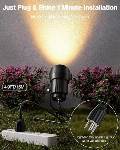 HIBOITEC 12W Spot Lights Outdoor 110V to 120V Landscape Lighting Waterproof Spotlight with 4.9ft 3-Plug LED Plug in Landscape Lights for Yard Gardern Decorations 2900K 6Packs