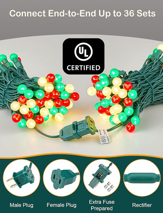 BOHON Christmas Lights Outdoor 24FT 70 LED G15 Red White and Green Globe String Lights Plug in with Pastel Bulb Green Wire for Indoor Patio Xmas Tree Garland Wreath Decor, Waterproof