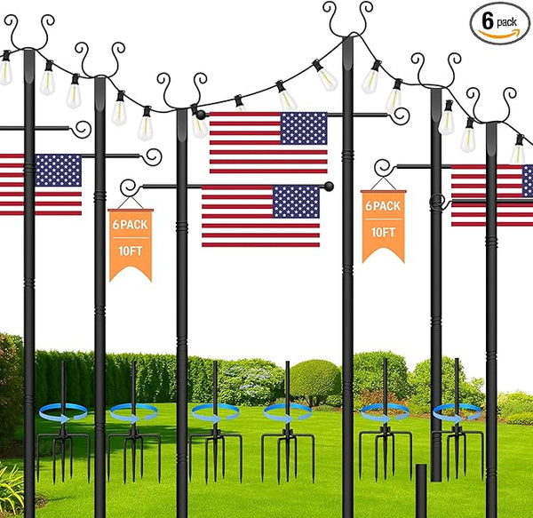 Outdoor String Light Poles 6 Pack - 10 Ft Lighting Posts with Fork,Rustproof Patio Heavy Metal Stand, Adjustable | Lumora