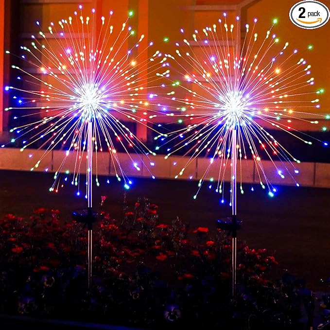 2 Pack Solar Firework Lights Outdoor - Verified 200 LED & 8 Modes - Starburst Solar Powered Garden Lights | Lumora