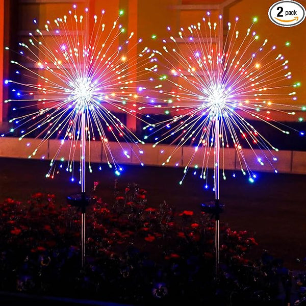 2 Pack Solar Firework Lights Outdoor - Verified 200 LED & 8 Modes - Starburst Solar Powered Garden Lights | Lumora