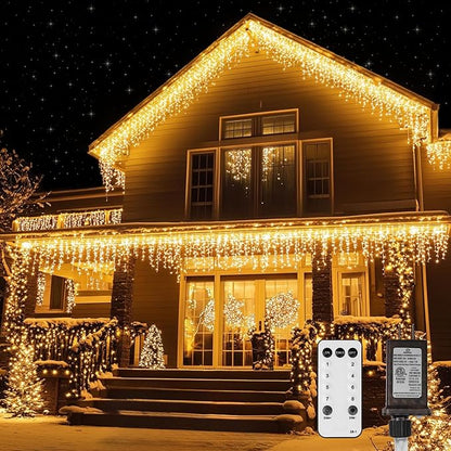 LED Icicle Lights for Outdoor Christmas Decorations,39.4Ft 400 LEDs Christmas Fairy Light with Timer&Memory Function,8 Lighting Modes,Plug in hanging Curtain Lights for Xmas Party Wedding(Warm White)