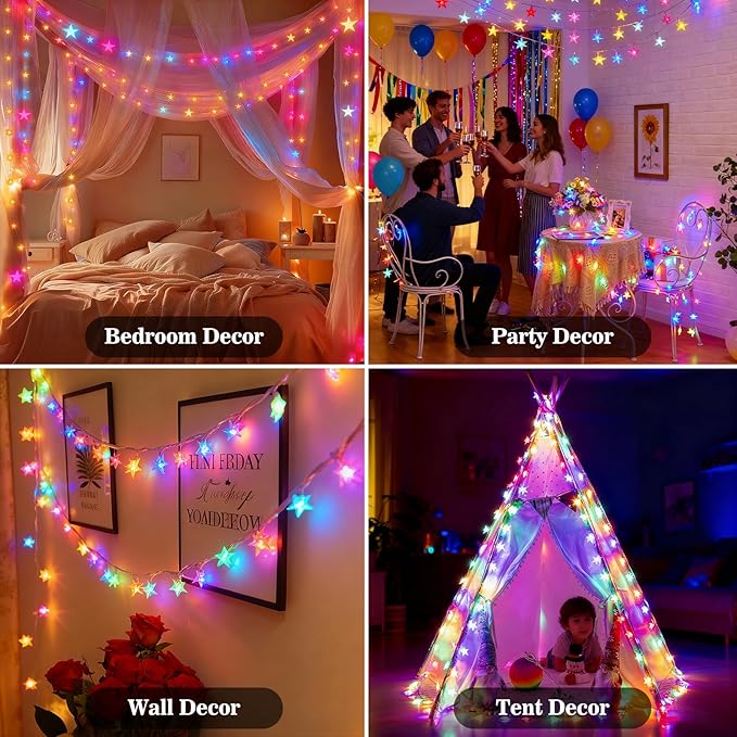Star String Lights, 33ft 100 LED 8 Modes Star Fairy Lights Battery Operated Waterproof Indoor Outdoor for Bedroom Patio Party Wedding Tent Loft Bed Xmas Tree Decor, Multicolor