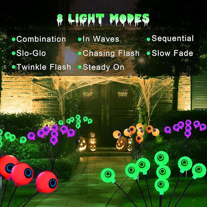Halloween Solar Eyeball Lights Outdoor Waterproof 4 Pack 32 LED Scary Spooky Eyeballs Light 8 Mode Solar Garden Lights for Yard Path Party Decor Halloween Decorations (Green+Red+Purple+Orange)