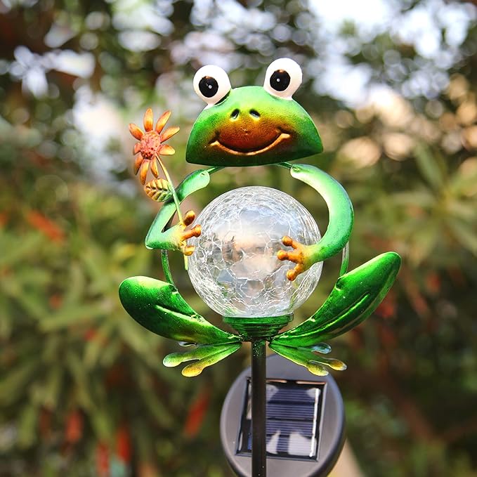 Garden Solar Lights Outdoor Decorative, Metal Frog Shape, Waterproof Stake Lights with 2 FT, Auto ON/Off Solar Powered Light for Lawn, Backyard, Patio, Pathway