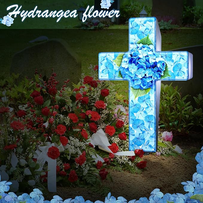 Yousoontic Hydrangea Solar Stake Light for Outdoor Memorial Hydrangea Garden Cross Stake Light for Grave Cemetery Blue Flower Solar Cross Garden Decor for Home Patio Yard Pathway Lawn Decoration