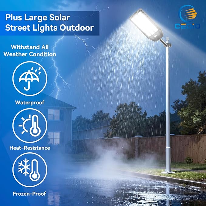 CEDIO 12000W Commercial Grade Solar Street Light, IP67 Waterproof Heavy Duty LED Flood Light with Remote & Motion Sensor, Dusk to Dawn Security Light for Parking Lot, Farm, Property, Yard