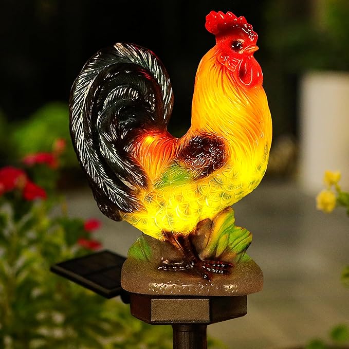 Solar Rooster Lights Outdoor Decorative,Solar Chicken Decor Garden Stakes Lights,Waterproof Chicken Statue with Led Lights Yard Art for Pathway Lawn Patio Courtyard Backyard(Warm White)