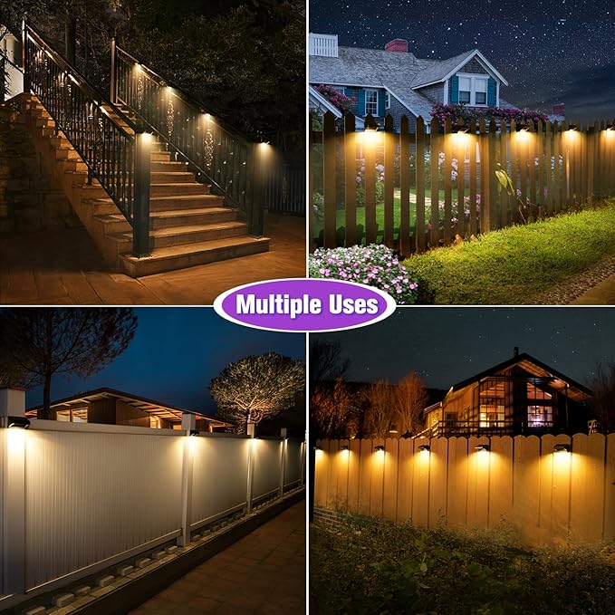 Aulanto 12 Pack Solar Fence Lights, IP65 Waterproof Outdoor Lights with Warm White and RGB Color Modes for Backyard, Garden, Wall, Deck, Stairs
